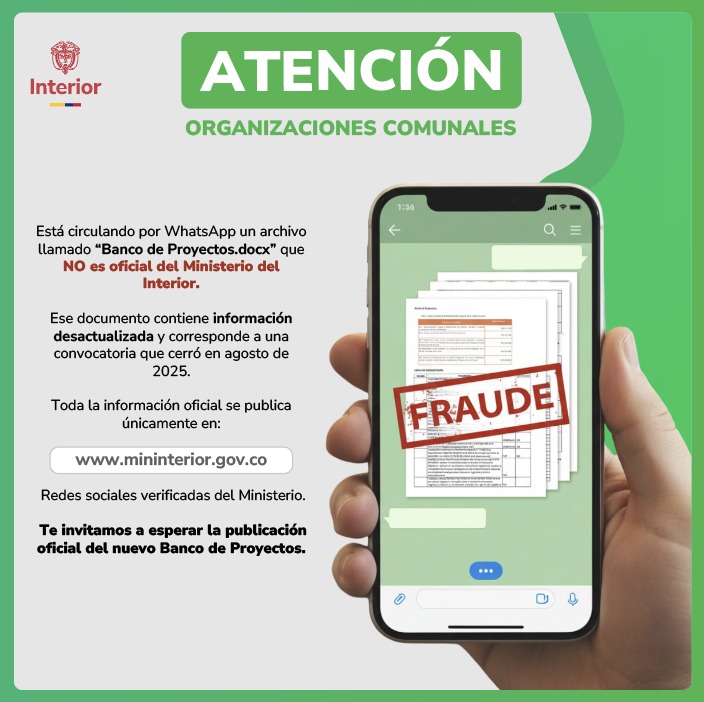 Atención circula información falsa sobre el Banco de Proyectos Comunales El Ministerio del Interior advierte que el documento en circulación no es oficial y contiene información incorrecta. Se invita a las comunidades a consultar únicamente los canales institucionales para evitar confusiones.