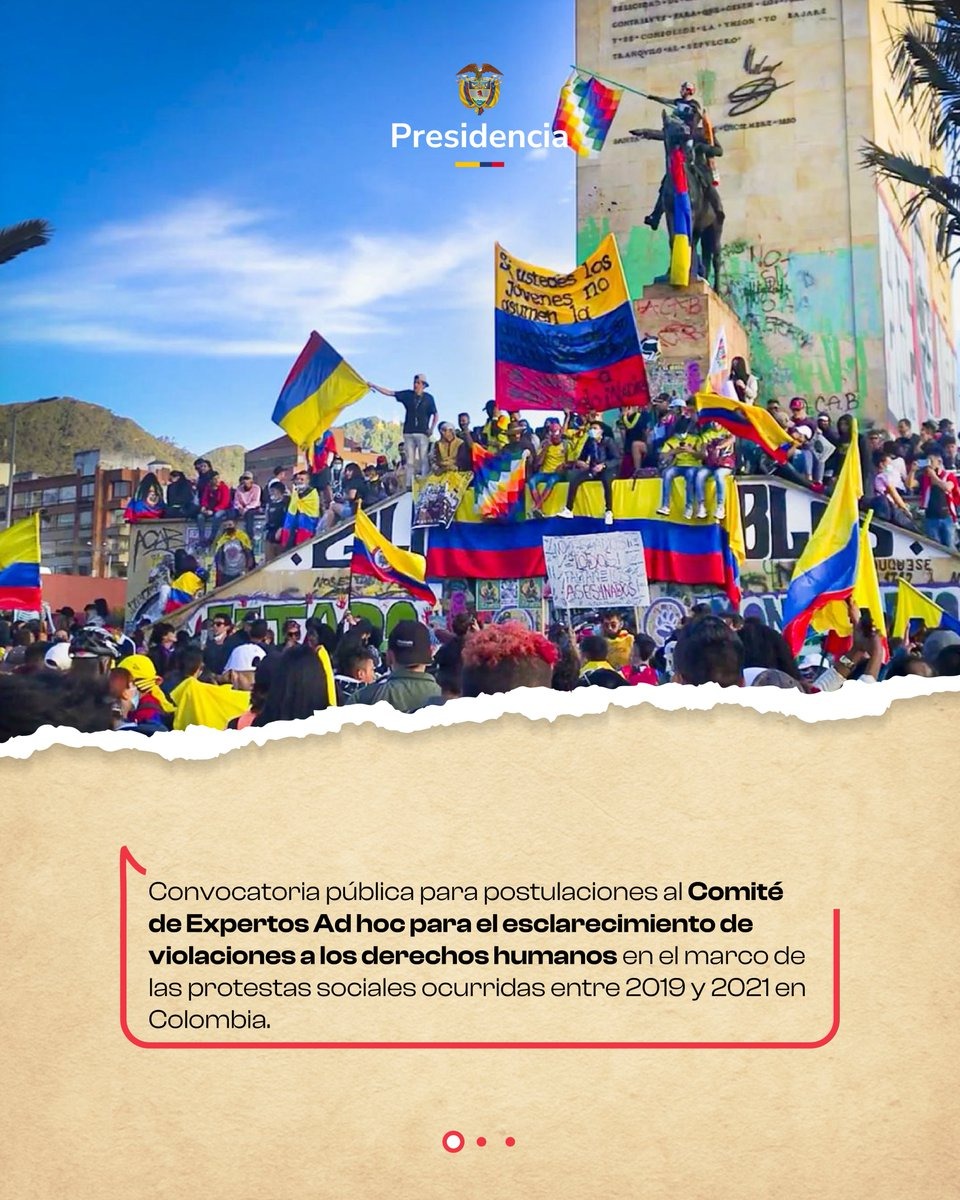 MinInterior impulsa la conformación del comité para el esclarecimiento de los hechos del estallido social El Ministerio del Interior, a través del Viceministerio para el Diálogo Social y los Derechos Humanos y su Dirección de Derechos Humanos, invita a las organizaciones sociales, de derechos humanos y de víctimas a presentar sus postulaciones para el proceso de selección de las personas que integrarán del Comité de Expertos Ad Hoc para el esclarecimiento de violaciones a los derechos humanos en el marco de las protestas sociales ocurridas entre 2019 y 2021 en Colombia (Decreto 1190 de 2025).
